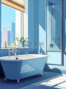 浴室置物架海报插画图片_极简浴室牛仔蓝色18插画海报