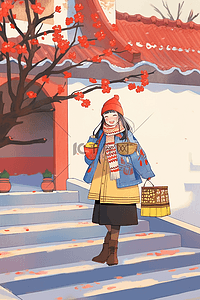 红色开着的门插画图片_新年可爱女孩手绘庭院梅花插画