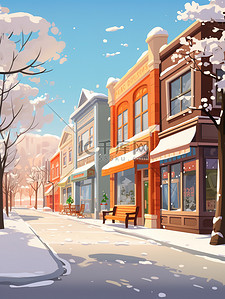 下雪街景插画图片_冬天下雪的可爱街景5插画设计