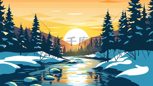 穿过森林插画图片_河流穿过白雪皑皑森林15插画