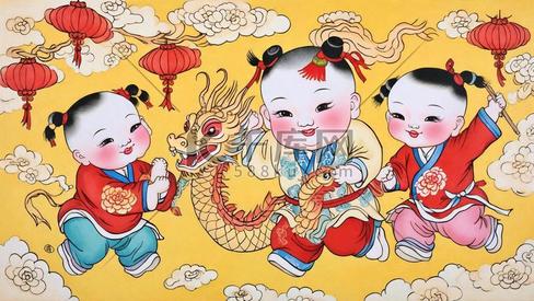 传统新年民俗年画杨枊青舞龙年画娃娃插画素材