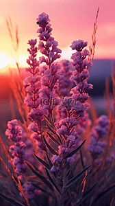 唯美户外黄昏夕阳下紫色薰衣草鲜花背景图片