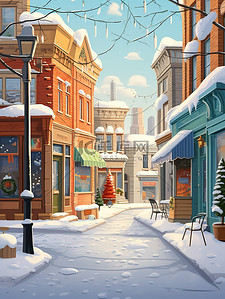 冬天下雪的可爱街景3原创插画