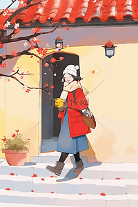 红色开着的门插画图片_新年可爱女孩庭院梅花插画手绘