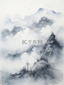 水墨的山水画插画图片_云雾弥漫的群山山水画5插画素材