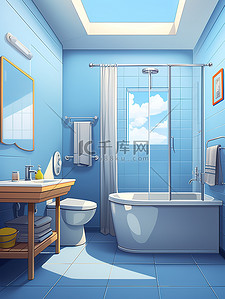 极简浴室牛仔蓝色8矢量插画