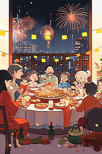 家人团圆卡通插画图片_手绘新年家人团聚烟花插画海报