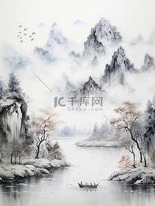 水墨的山水画插画图片_云雾弥漫的群山山水画10插画素材