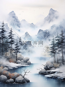 水墨的山水画插画图片_云雾弥漫的群山山水画9图片