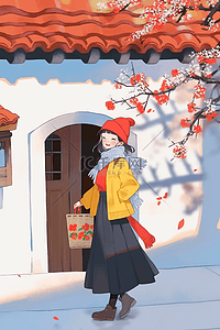 红色开着的门插画图片_手绘新年可爱女孩庭院梅花插画