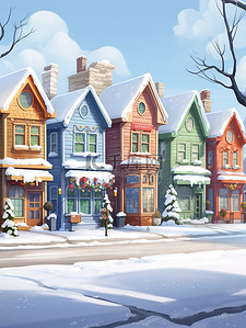 冬天下雪的可爱街景10矢量插画
