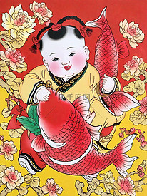 传统新年民俗年画红鲤鱼和胖娃娃插画图片