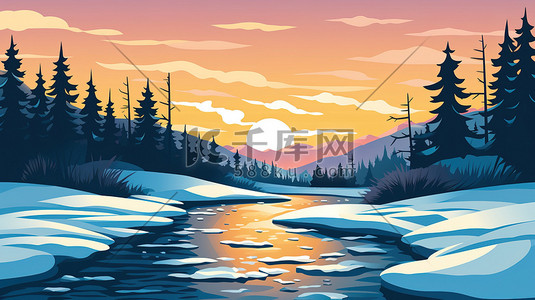 穿过森林插画图片_河流穿过白雪皑皑森林4素材