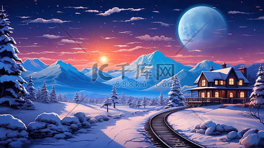 铁轨插画图片_梦幻冬天的场景火车铁轨18插画海报