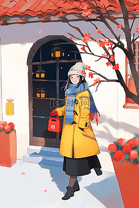 黄色的门插画图片_插画新年可爱女孩庭院梅花手绘