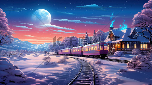 铁轨插画图片_梦幻冬天的场景火车铁轨3插画图片