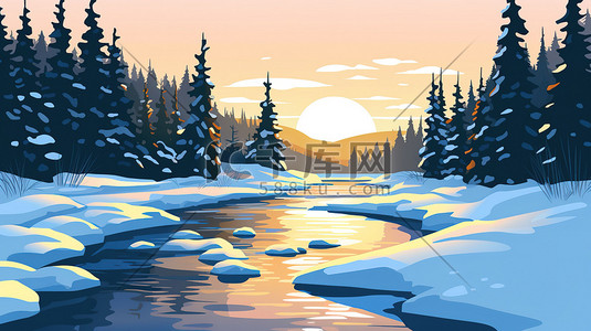 设计太阳插画图片_河流穿过白雪皑皑森林16插画设计