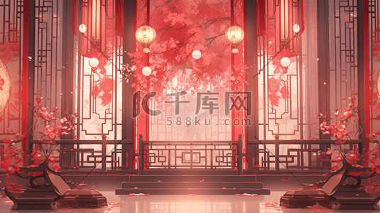 红色中国风门窗风景造型插画8