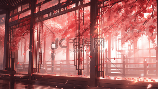 红色中国风门窗风景造型插画11