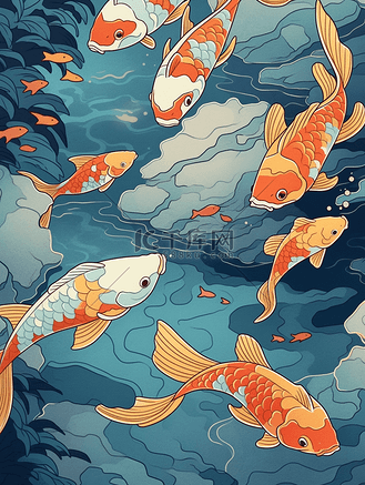 中国风五彩锦鲤插画7