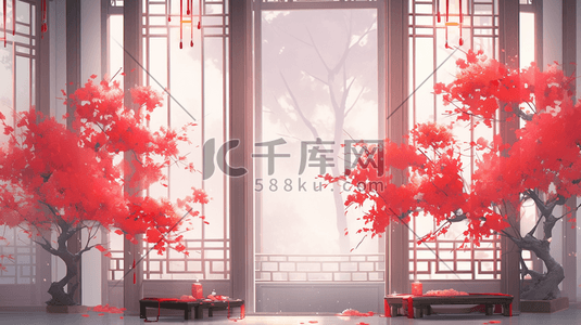 花艺造型插画图片_红色中国风门窗风景造型插画3
