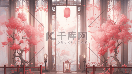 红色中国风门窗风景造型插画21