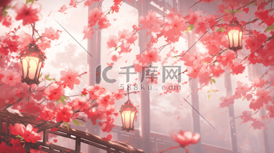 花艺造型插画图片_红色中国风门窗风景造型插画2