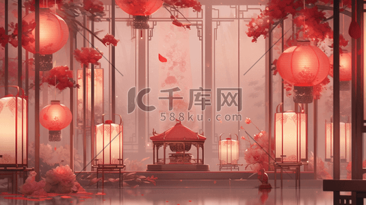 红色中国风门窗风景造型插画14