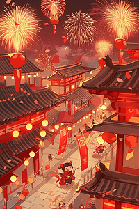 烟花插画图片_家人团聚新年烟花手绘插画海报