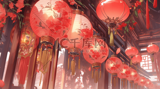 红色中国风门窗风景造型插画22
