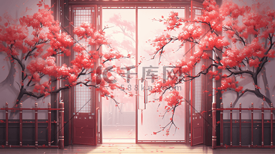 红色中国风门窗风景造型插画15