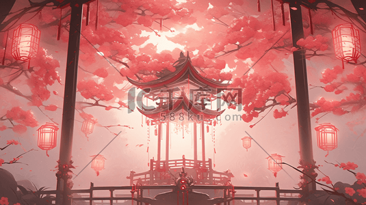 红色中国风门窗风景造型插画34