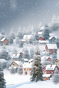 下雪的小镇海报唯美手绘原创插画