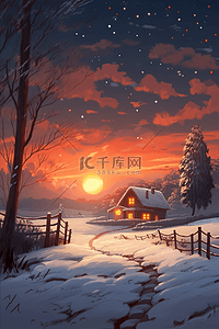 冬日雪景夕阳插画海报手绘