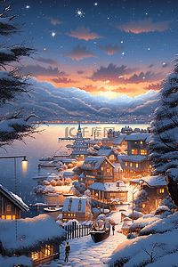 冬天湖泊唯美手绘小镇雪景插画