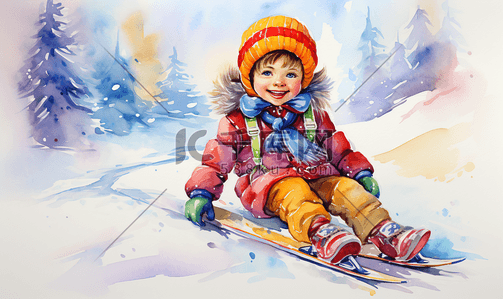 冬季冬天小女孩插画图片_小女孩在滑雪场滑雪