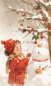 新年雪地中堆雪人的小女孩