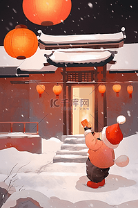 新年橙色插画图片_孩子门外新年玩耍手绘插画