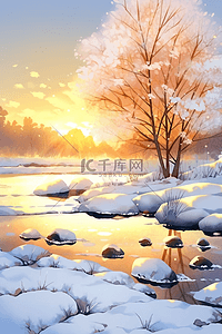 冬天日出唯美插画图片_冬天雪景唯美日出插画海报