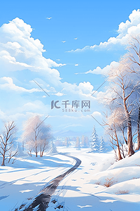 雪景晴朗天空手绘插画冬天海报
