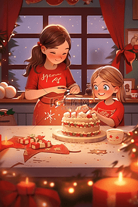 新年插画室内母女做蛋糕喜庆手绘
