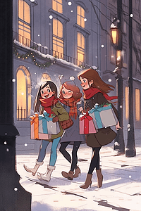 冬天可爱女孩街边购物手绘新年插画