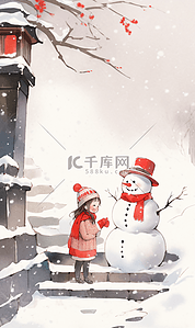 新年雪地中堆雪人的小女孩