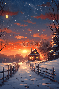 冬日夕阳雪景手绘插画海报