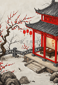 新年梅花中式庭院灯笼装饰户外插图
