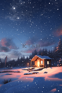 冬天夜晚星空雪景木屋插画海报