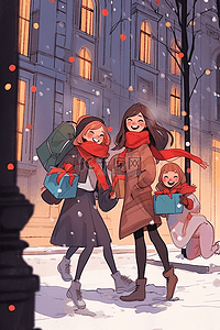 新年冬天可爱女孩街边手绘购物插画
