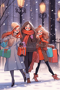 新年插画冬天可爱女孩街边购物手绘