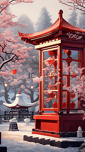 梅花装饰插画图片_新年梅花中式庭院灯笼装饰户外插画