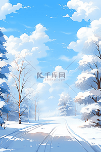 雪景天空插画图片_冬天晴朗雪景天空手绘插画海报